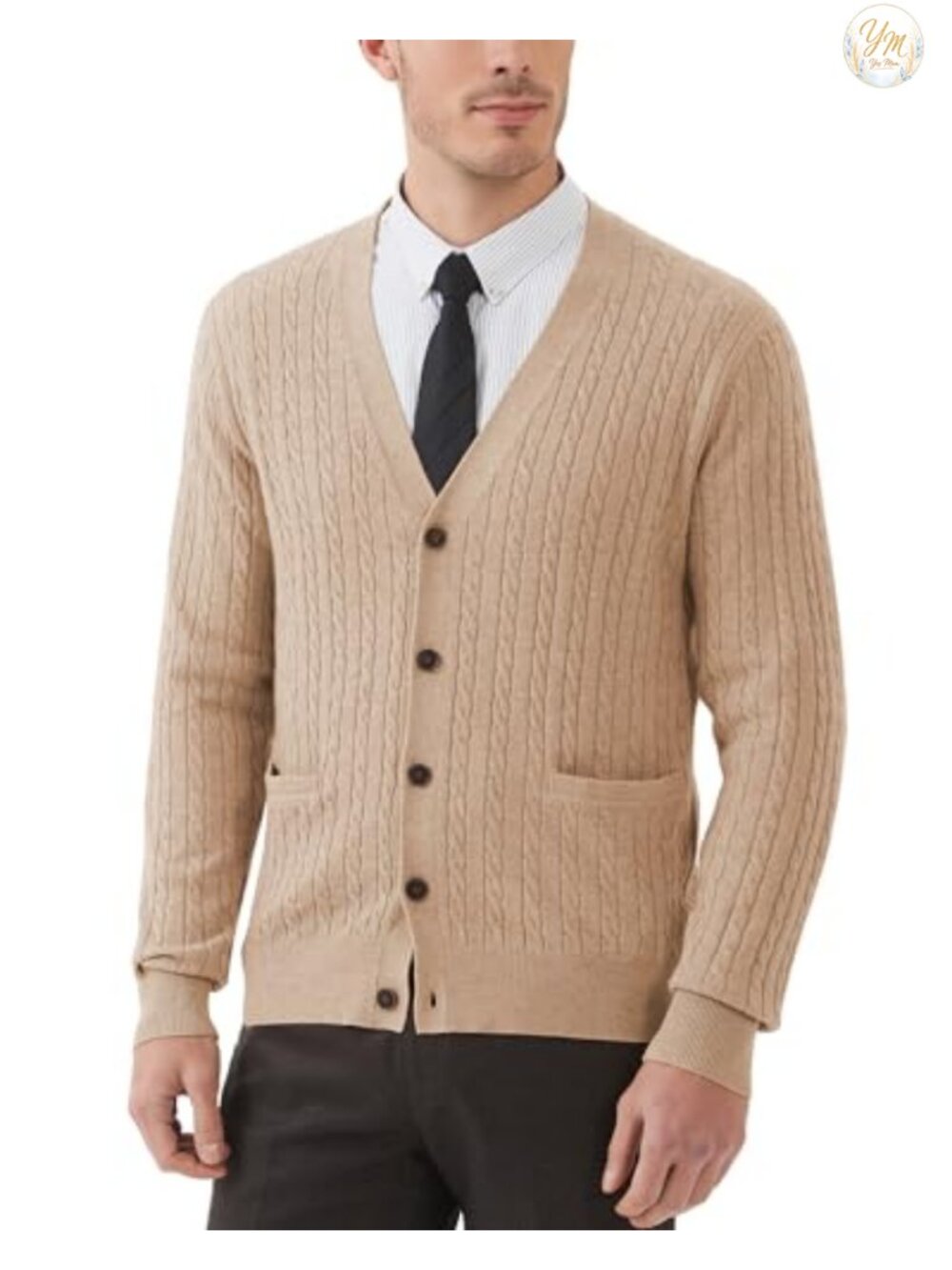 Men's Wool Blend Cable Knit V-Neck Button Cardigan with Pockets